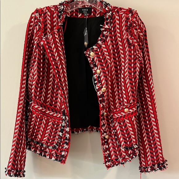 Vici Red and Navy Blazer with Braided Texture - small, textured, cropped - Picture 1 of 6